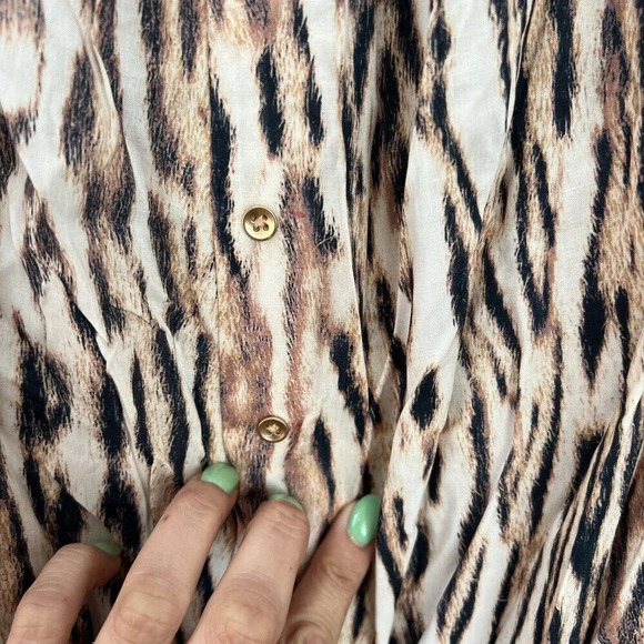 Tart Women’s Leopard Print Long Sleeve Top Sz M Blouse Ruffle Bell Sleeve Tan ** - Picture 6 of 11